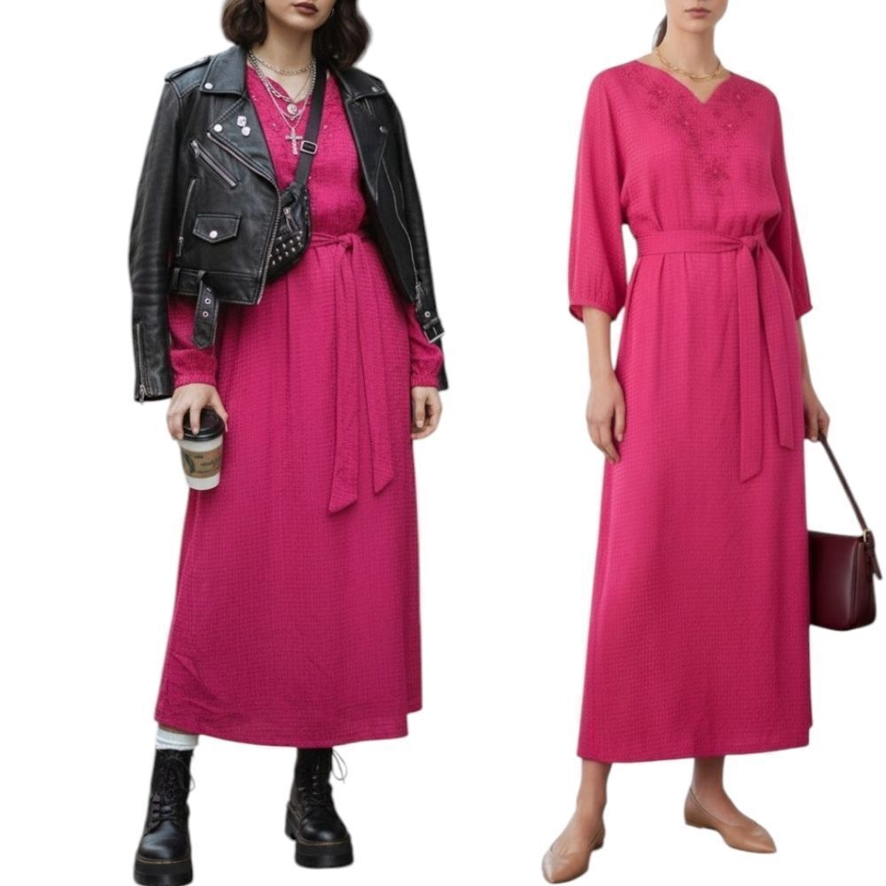 Vintage Embroidered Pure Silk Fuchsia Pink Midi Dress